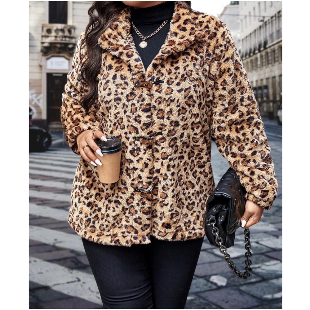 Plus Cozy Vegan Fur Leopard Print Jacket Coat - Picture 2 of 4